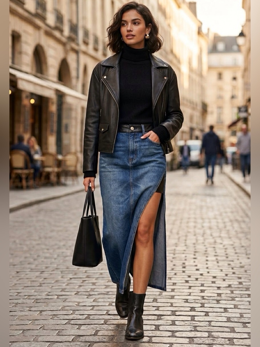 Liu Jo /Denim & Leather Maxi Skirt High Slit -Sz. 28 -NWT-Italy